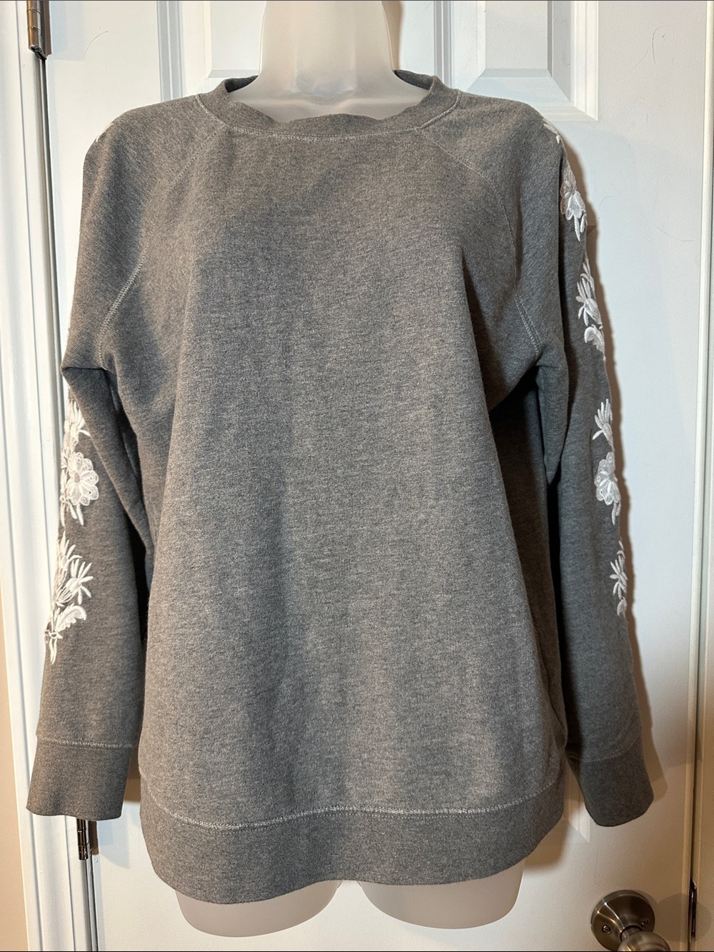 J. Crew Gray Crewneck Sweatshirt with White Sleeve Embroidery